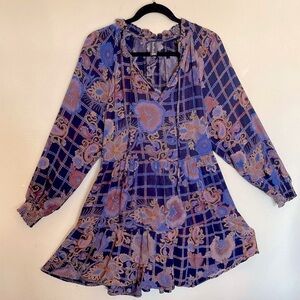 Sacred Threads dress L/S Flowery w/ beautiful colors. Tie neck, Gathered skirt